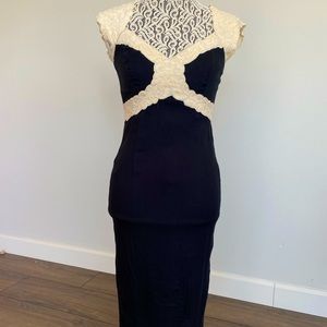 Black business sheath dress with embroidered bodice detailing